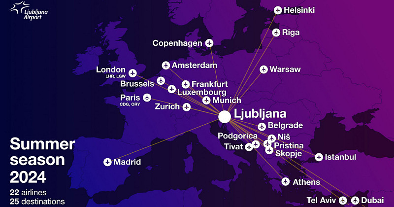 22 airlines on 25 regular routes from Ljubljana Airport in the summer season